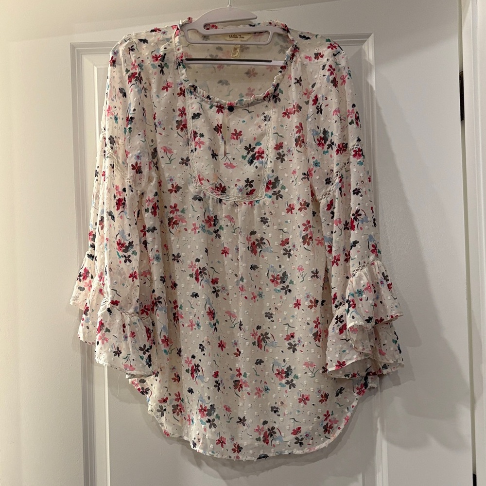 Matilda Jane Cream Floral Ruffle-Sleeve Blouse with Pink & Teal Flowers
